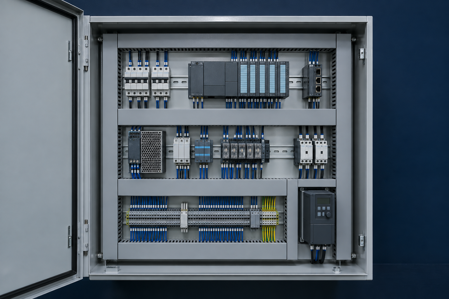 Clean industrial control panel with components arranged on DIN rail and wiring routed inside covered wire duct